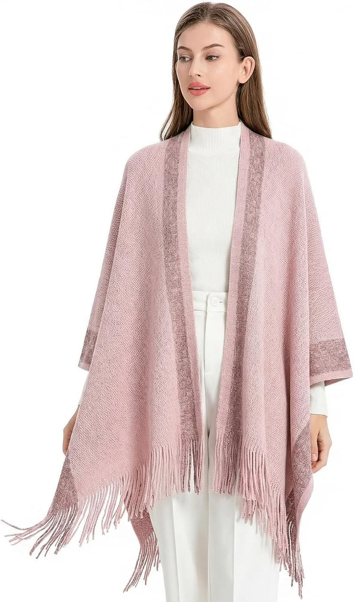 ZLYC Damen Weiche Schlichte Poncho Capes Retro Cardigans Pullover Rose, Rose