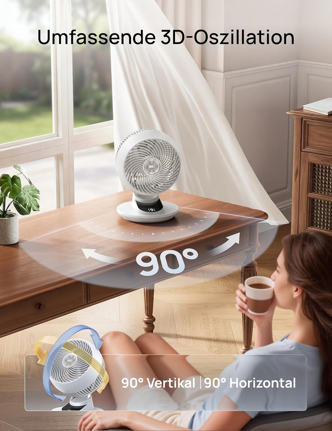 DREO 3D-Luftstrom Tischventilator – Leistungsstark mit 8,8 m/s, 22 dB leise, 90° schwenkbar, Smart A
