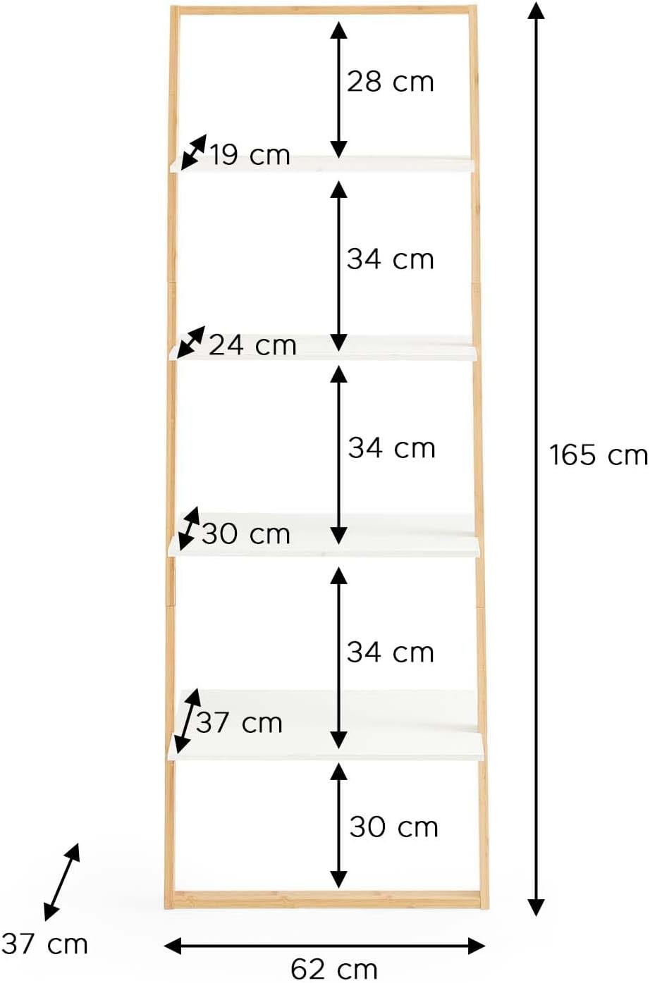 Homes & Jones Leiterregal Jasper 60x36,5x165 cm in Weiss - Design Regal mit 4 Ablagen aus Massivholz