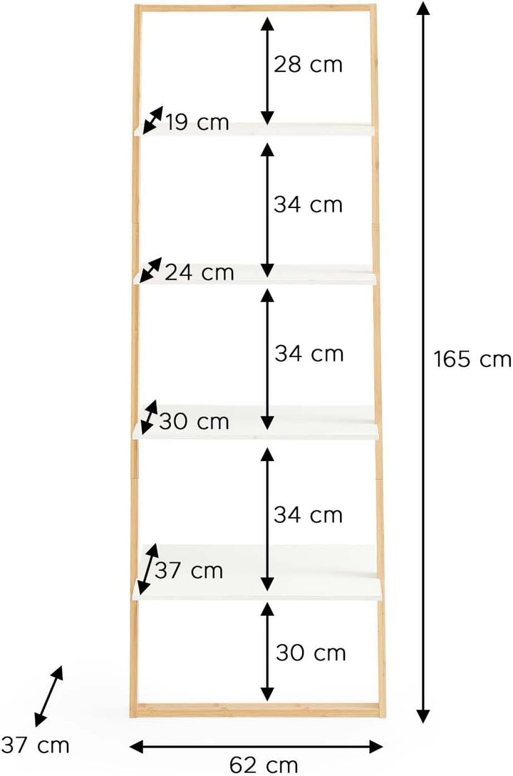 Homes & Jones Leiterregal Jasper 60x36,5x165 cm in Weiss - Design Regal mit 4 Ablagen aus Massivholz