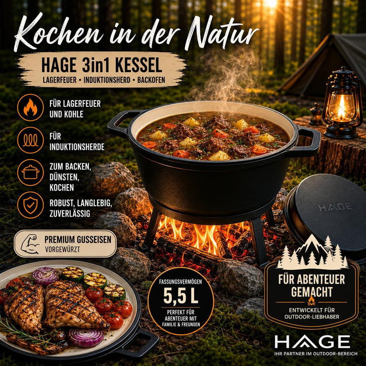 HAGE Emailierter Gusseisen Kessel 8L mit Grillpfanne Dutch Oven Feuertopf Gulaschkessel für Lagerfeu