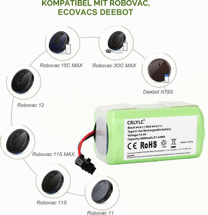 CRLYLC 14,4V 2600mAh Ersatzakku für Ecovacs Deebot N79 N79S DN622, IKHOS S14 S15,Eufy RoboVac 11,11S