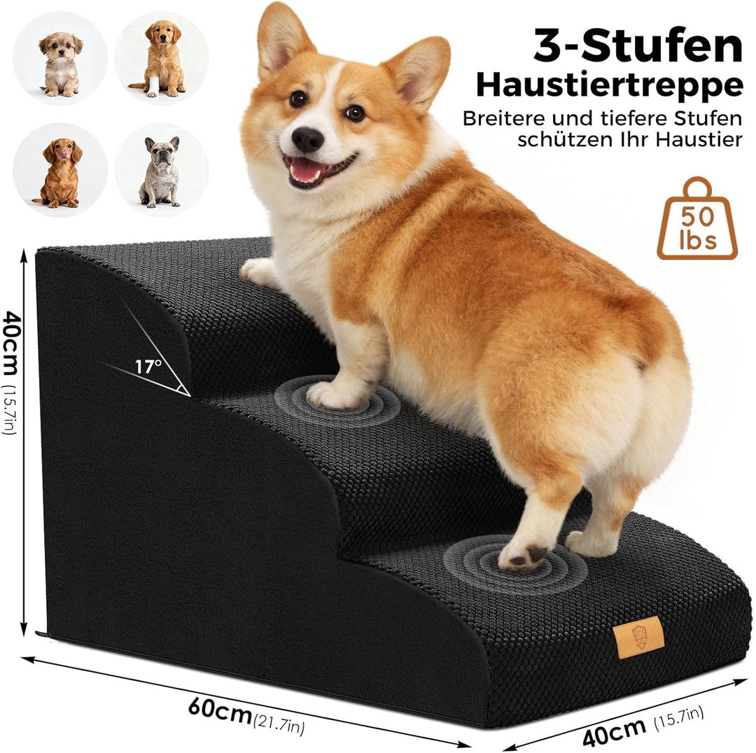 Hundetreppe für Kleine Hunde, Haustiertreppe 3 Stufen, Hochdichtem Schwamm Hundetreppen 40cm Hoch, H