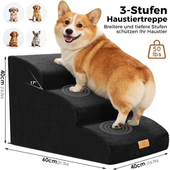 Hundetreppe für Kleine Hunde, Haustiertreppe 3 Stufen, Hochdichtem Schwamm Hundetreppen 40cm Hoch, H