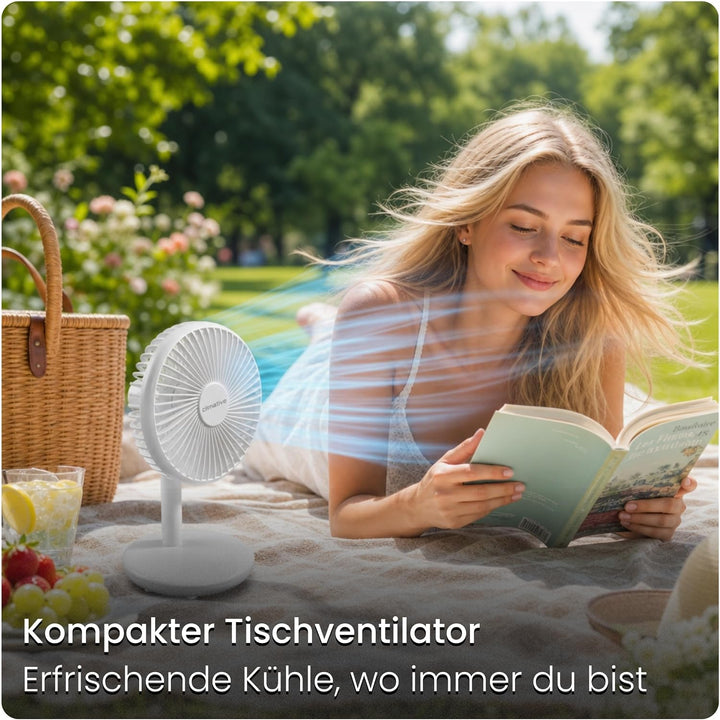Tischventilator sehr leise - Akku USB Ventilator 4000mAh, Ø 16,5cm, bürstenloser 7-Flügel Mini Lüfte