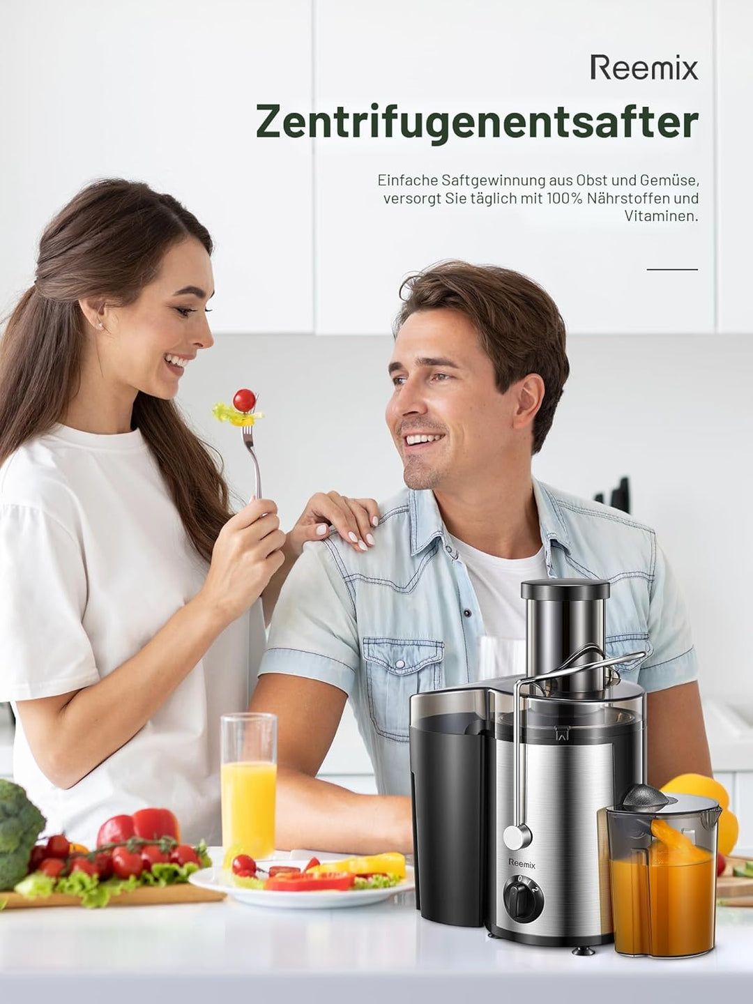 Reemix Entsafter Gemüse und Obst, Max Juicer Machine aus Edelstahl mit 3 Geschwindigkeitsstufen, 65m