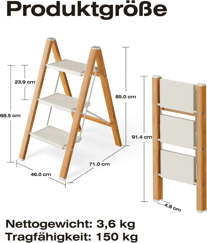 Trittleiter 3 Stufen klappbar,150 kg Kapazität mit Anti-Rutsch-Pedal,Tragbarer Tritthocker aus Alu,e