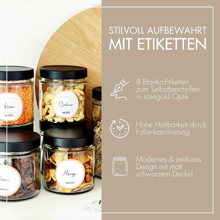MOYO Vorratsgläser mit Deckel I 6er Set á 410ml I hochwertige Frischhaltedosen Glas I luftdichte Auf