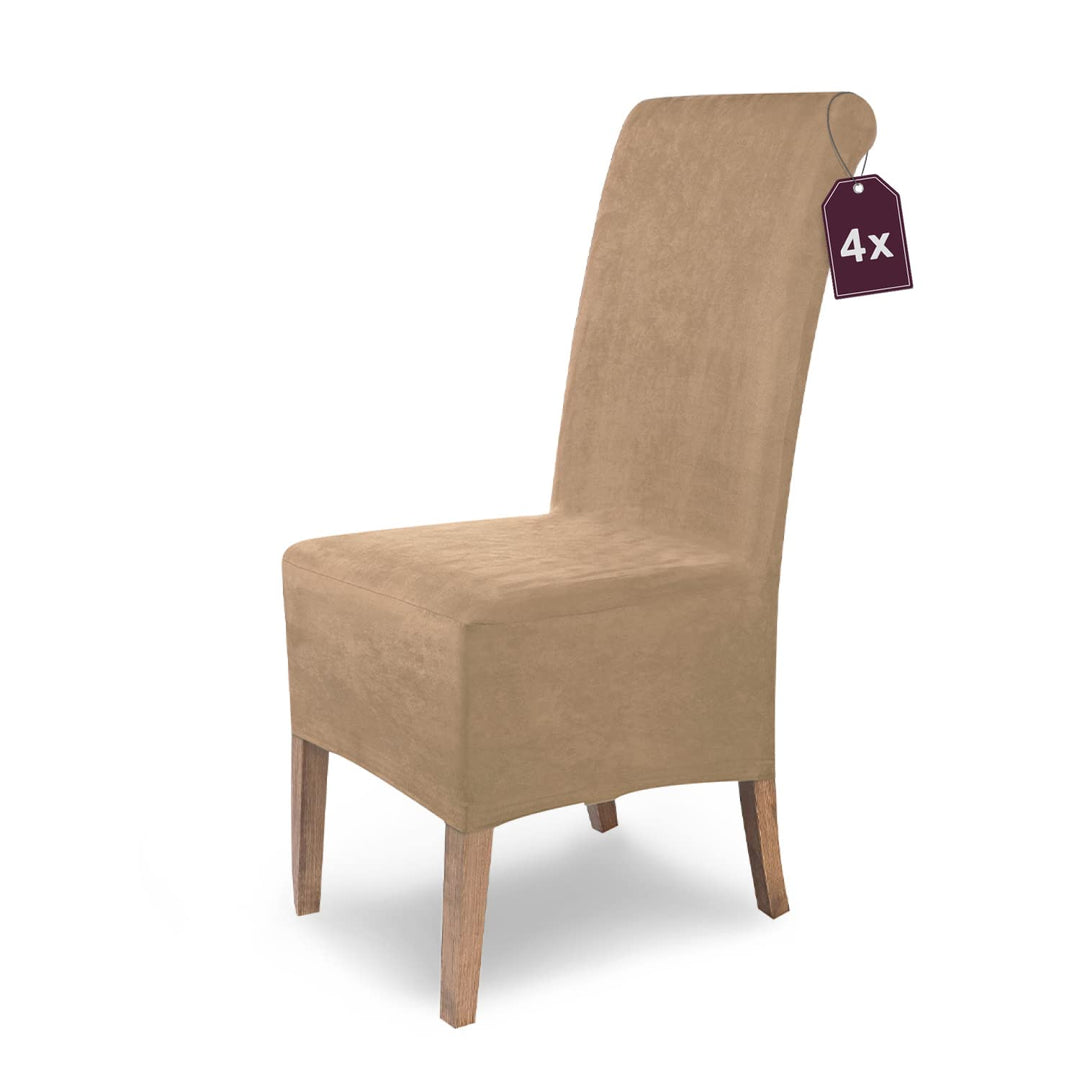 SCHEFFLER-Home Stuhlhussen 4er Set Leon Beige/elastische Wildleder Hussen für Stühle/Robustes Freisc