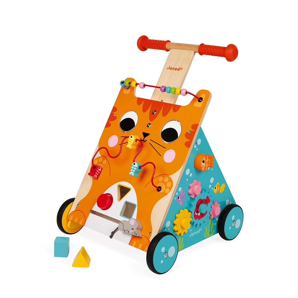 Janod Baby Lauflernhilfe ‘Katze’ - Holzspielzeug, Laufwagen für Draussen - Baby Walker mit Bremse un