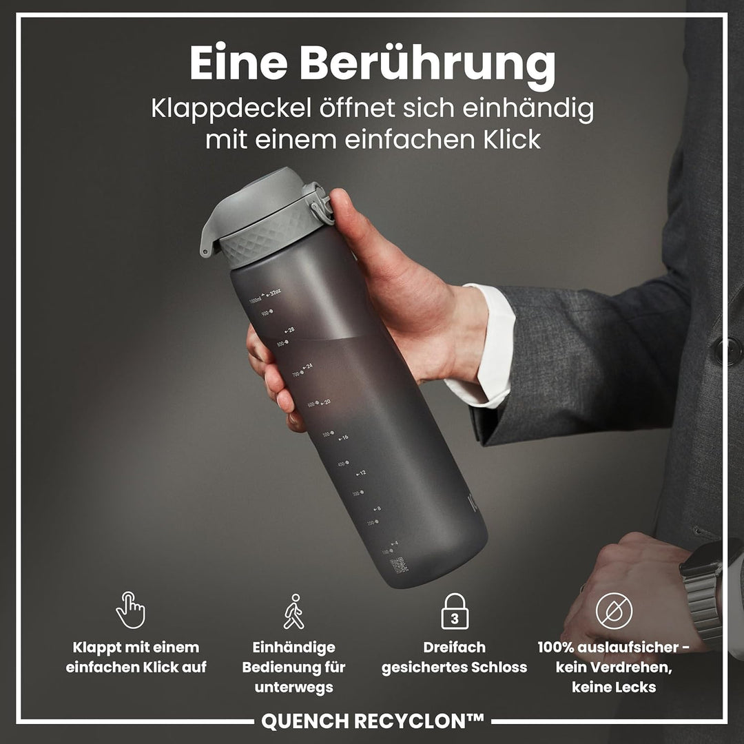 Ion8 1 Liter Trinkflasche, 1000ml, Auslaufsicher, Einhandöffnung, Sichere Verriegelung, Spülmaschine