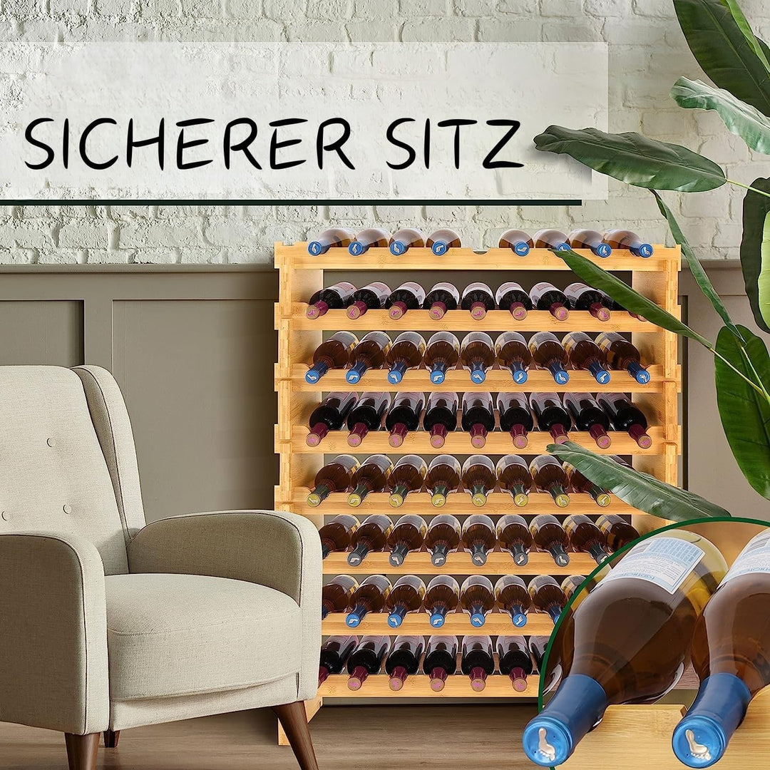 NutriChef Weinregal aus Bambus Holz – 72 Flaschen, 4 Etagen – Stapelbares Flaschenregal für Keller o