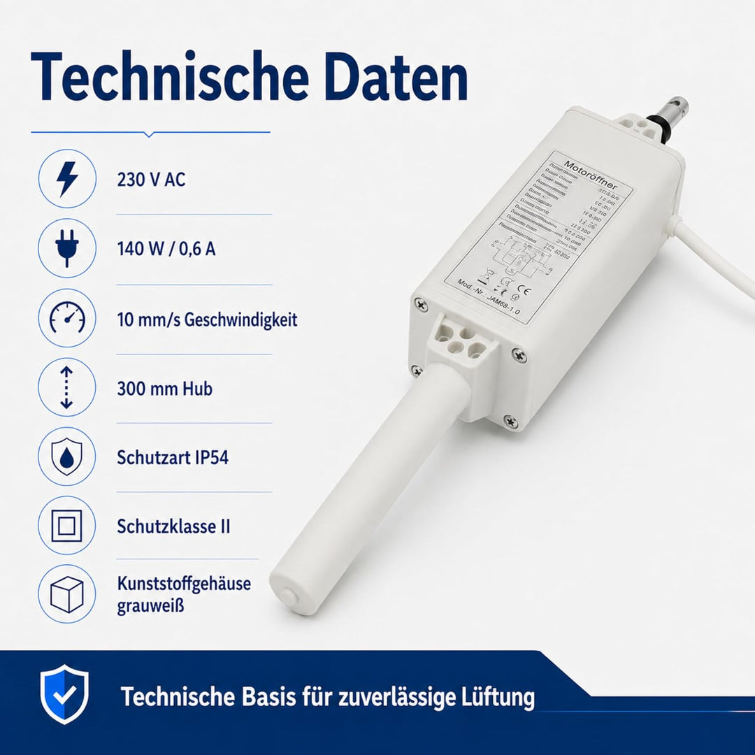 Motoröffner, Spindelantrieb Lichtkuppel 230V / 300mm HUB, JMBB mit Halterungen
