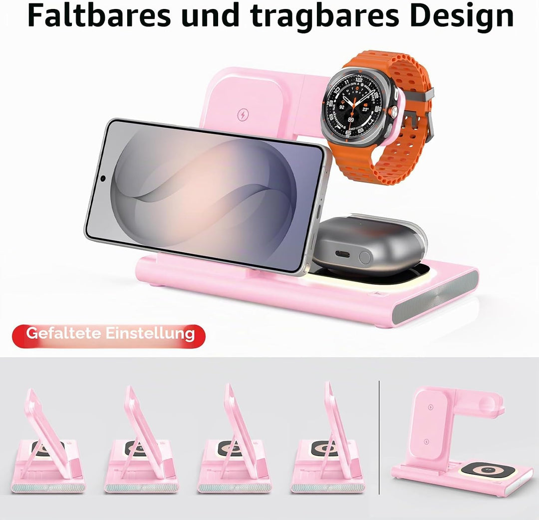 3 in 1 Ladestation für Samsung Induktive Ladestation [Faltbar &amp; Nachtlicht] rose, rose