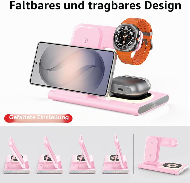 3 in 1 Ladestation für Samsung Induktive Ladestation [Faltbar &amp; Nachtlicht] rose, rose