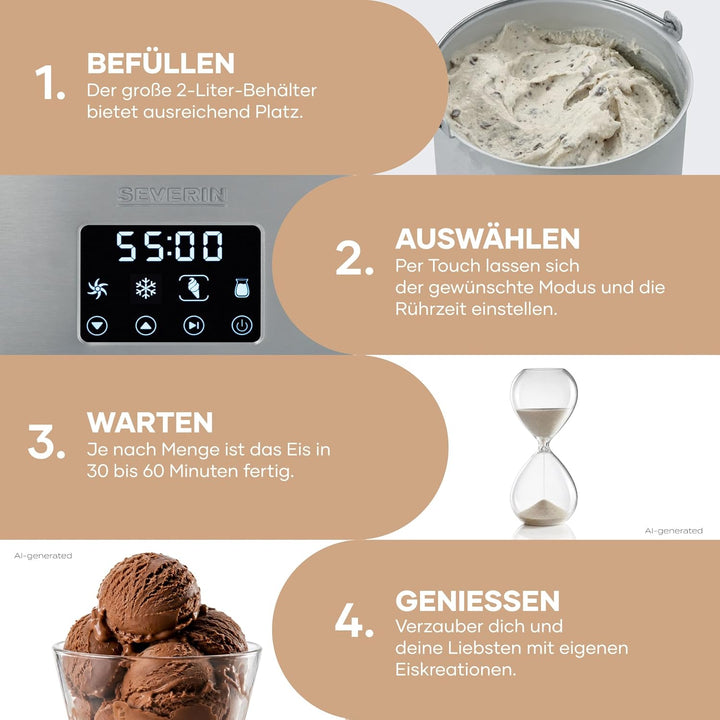 Severin 2-in-1 Eismaschine mit Joghurtfunktion, Inkl. Eisbehälter (2L) und Rezeptbuch, Digitaler Tim