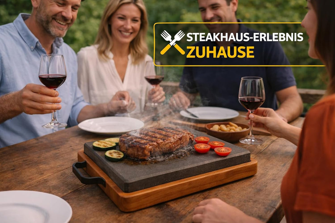 Lavastein Grillplatte mit Holztablett 27x18 cm – Heisser Stein für Steak & Fleisch – BBQ Servierplat