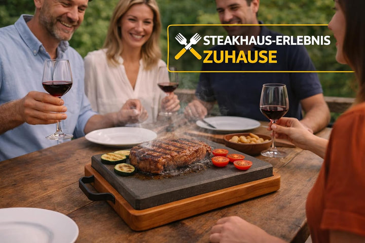 Lavastein Grillplatte mit Holztablett 27x18 cm – Heisser Stein für Steak & Fleisch – BBQ Servierplat