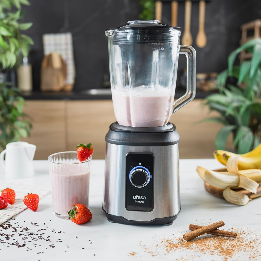 Ufesa Sunset Standmixer aus Glas, Leistung 1600W, Glaskrug Kapazität 1,5L, 2 Geschwindigkeiten + Pul