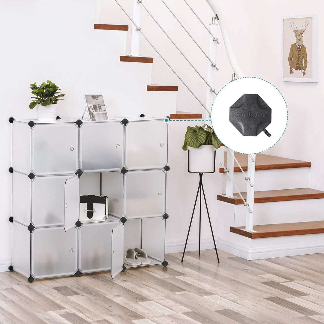 SONGMICS Regalsystem, Schuhregal, Set aus 9 Würfeln, Kleiderschrank aus Kunststoff, mit Türen, Steck