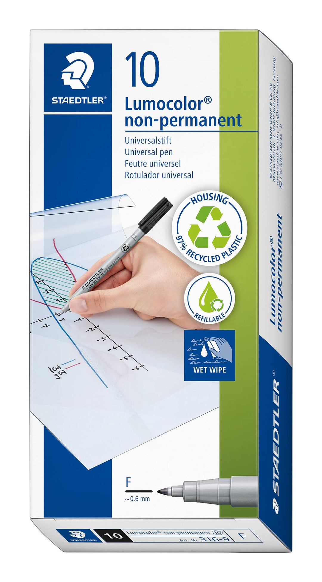 STAEDTLER Folienstift non-permanent Lumocolor, schwarz, wasserlöslich, Made in Germany, lange Lebens
