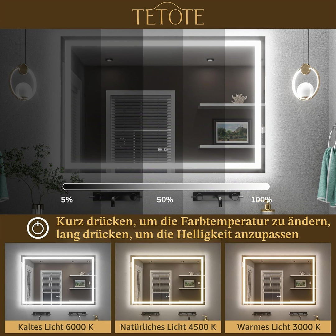TETOTE Badspiegel mit Beleuchtung 120x60cm, Badezimmerspiegel Beleuchtet Beschlagfrei Badezimmer Wan