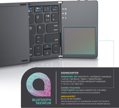 CSL - Bluetooth Tastatur klappbar mit Touchpad für PC Smartphone oder Tablet - faltbares Keyboard im