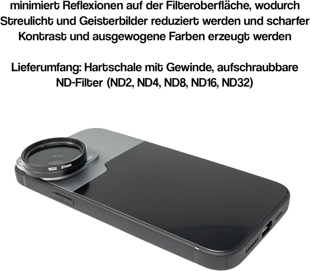 System-S ND Filter Set 37 mm Neutraldichte mit Hülle und Tasche für iPhone 13 Pro Max Schwarz