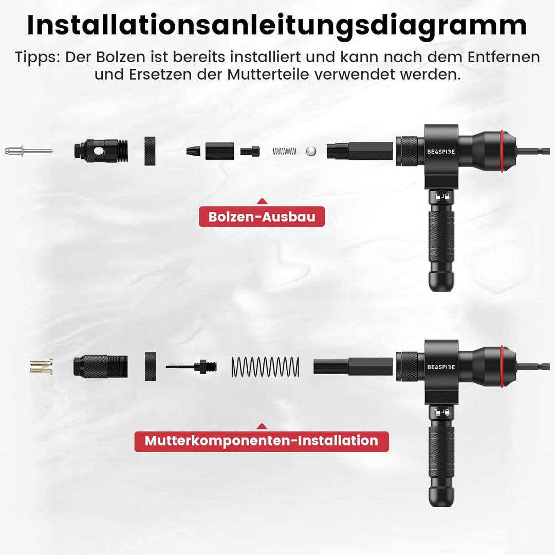 Beaspire 2 In 1 Nietaufsatz für Akkuschrauber für Bohrmaschine | Nietmuttern Adapter Kit für 2,4-6,4