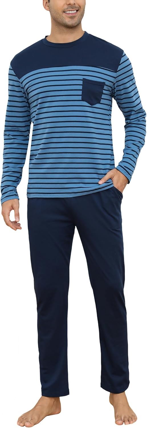 Irdcomps Schlafanzug Herren Pyjama Lang Winter Baumwolle Nachtwäsche Männer Set Langarm Gestreift M