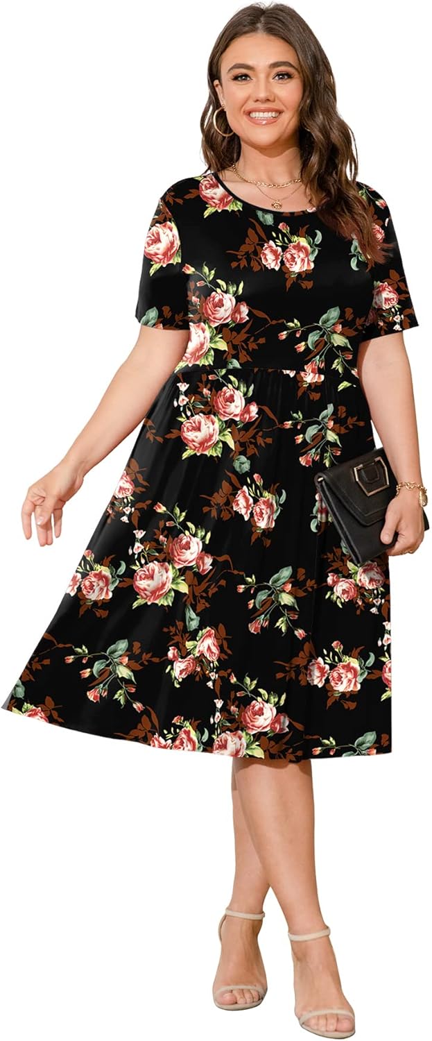 POSESHE Damen-Sommerkleid in Übergrösse 2023, lässig, kurzärmelig, Empire-Taille, lockere Passform,