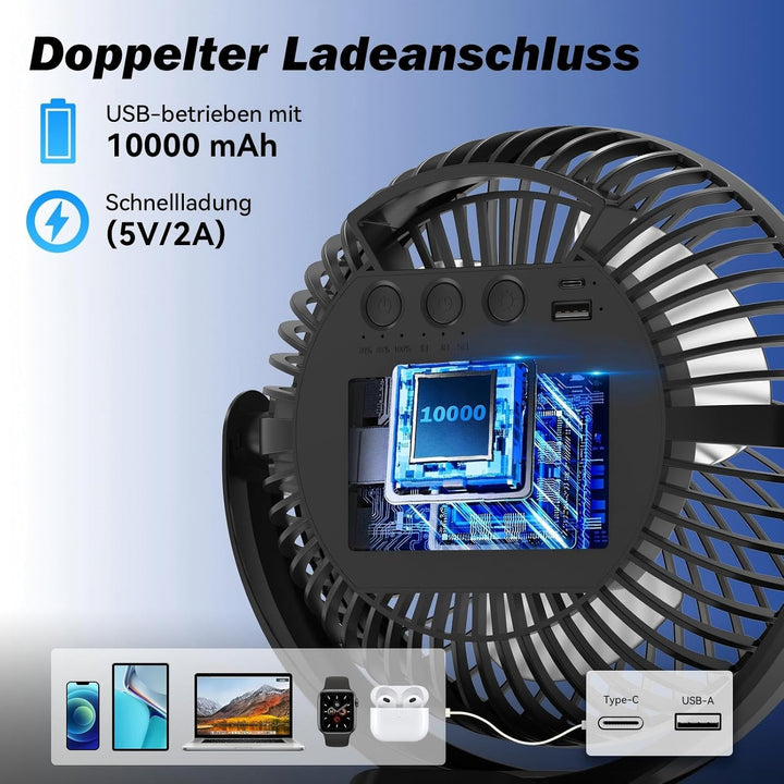 10000mAh Clip-On Ventilator mit Fernbedienung,3 Geschwindigkeiten USB Ventilator Akku mit Timer&LED-