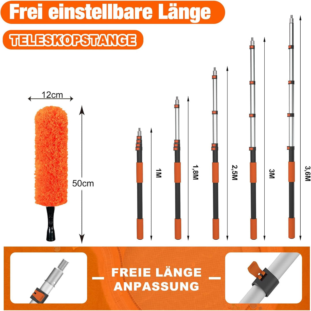 SISUPASSIE 3,6m Staubwedel Teleskop, Spinnenwebenentferner waschbar, Fensterputzer mit Teleskopstang