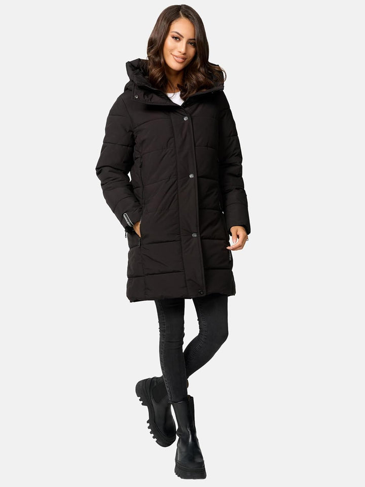 MARIKOO Damen Wintermantel Warmer Steppmantel lang mit Kapuze Karumikoo XVI XS-3XL XL Schwarz, XL Sc