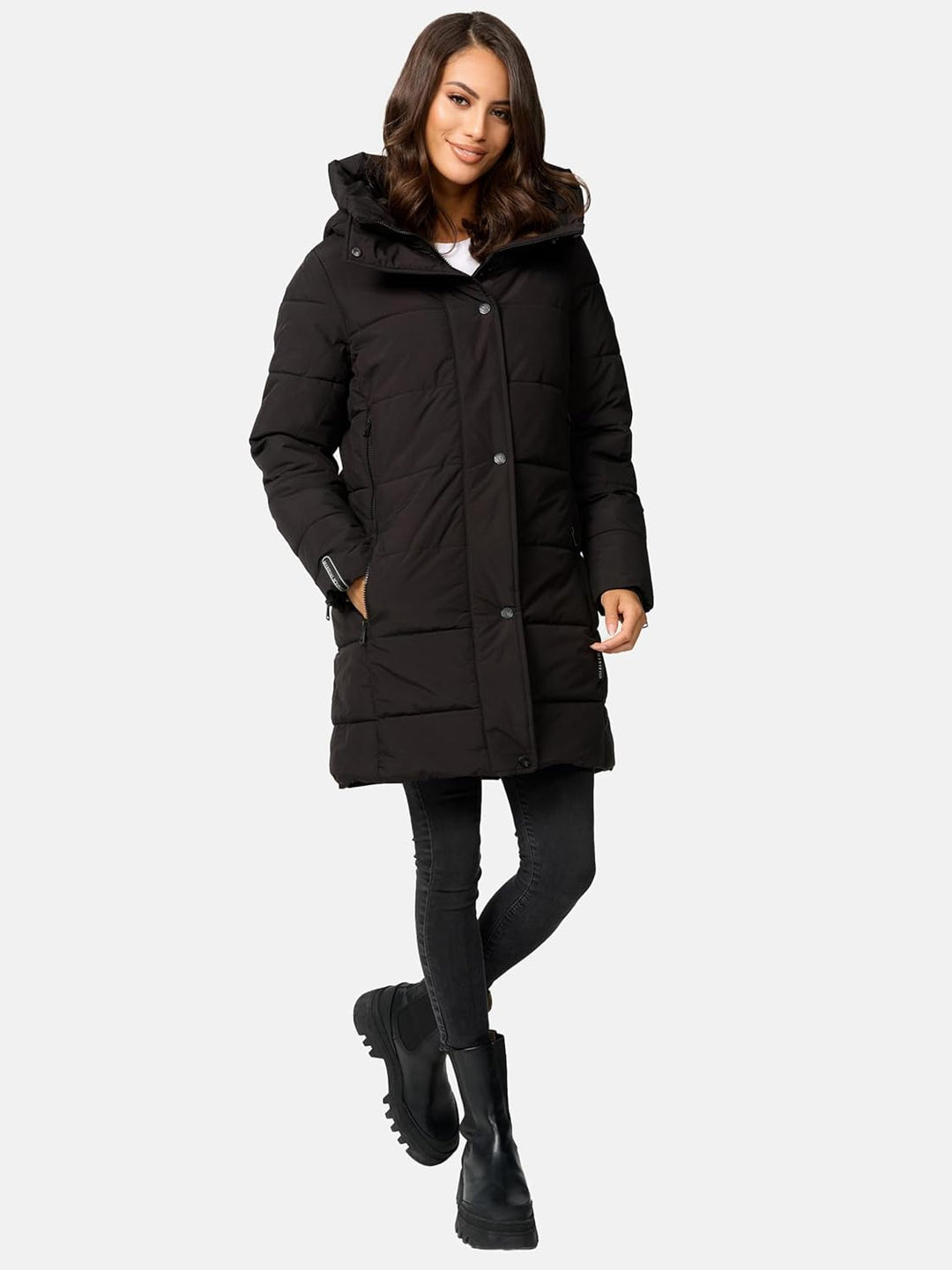MARIKOO Damen Wintermantel Warmer Steppmantel lang mit Kapuze und hohem Kragen Karumikoo XVI XS-3XL