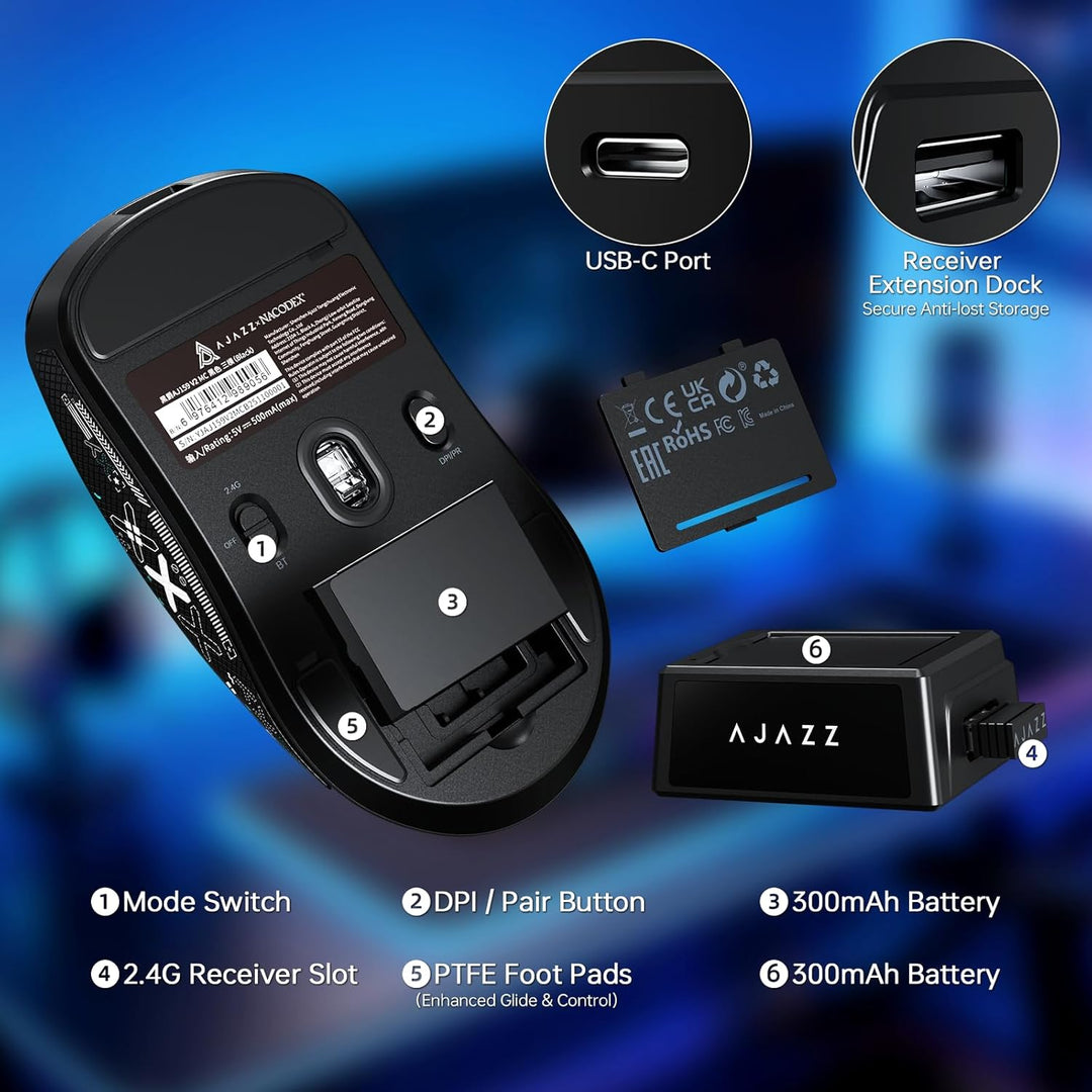 ZIYOU LANG × A.JAZZ AJ159V2MC Kabellose Leichte Gaming-Maus, Austauschbare Dual-Batterien, 54 g Ultr