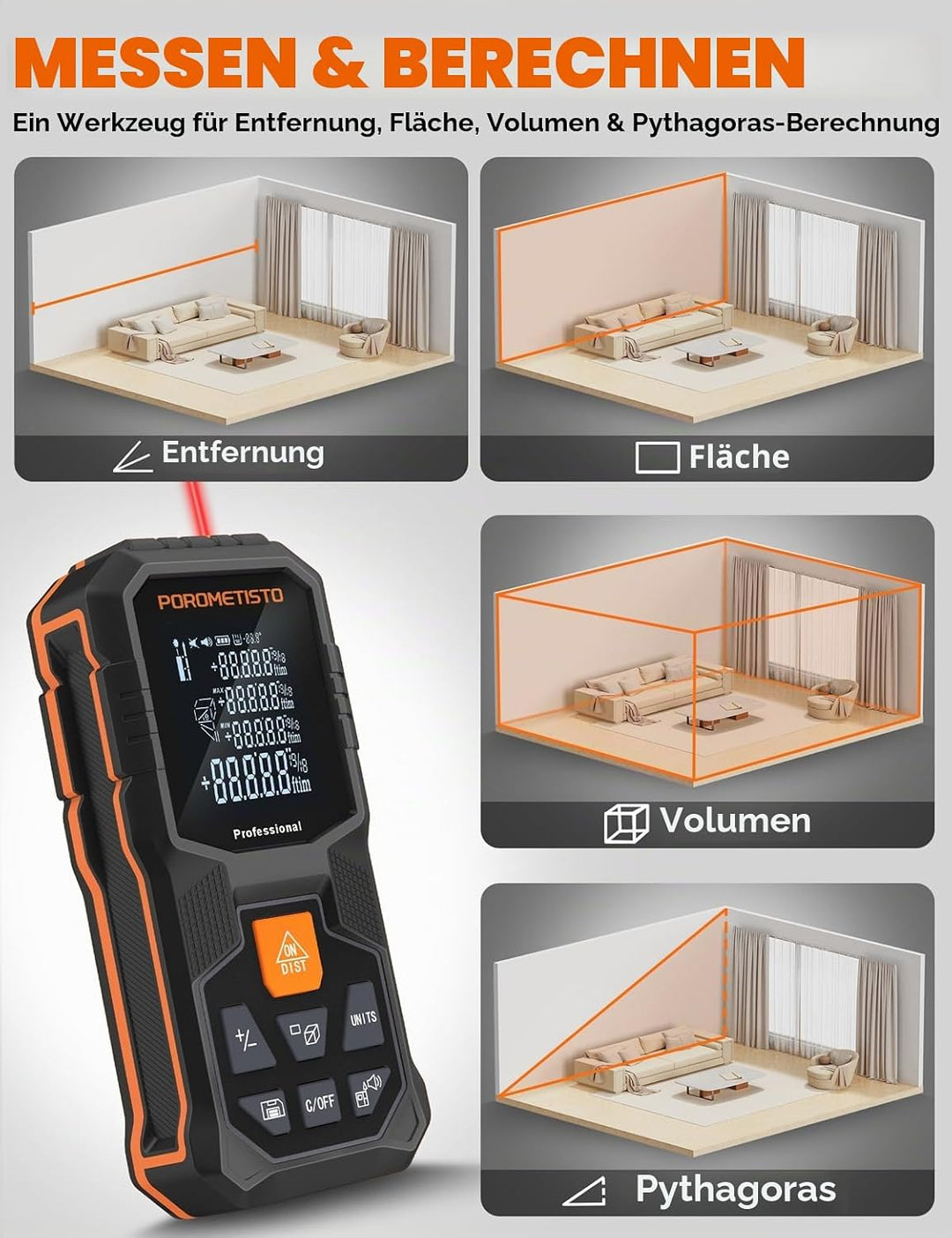 LM01-50 Laser Entfernungsmesser – 50 m Messbereich, 12 Modi: Fläche/Volumen/Pythagoras, Neigungssens