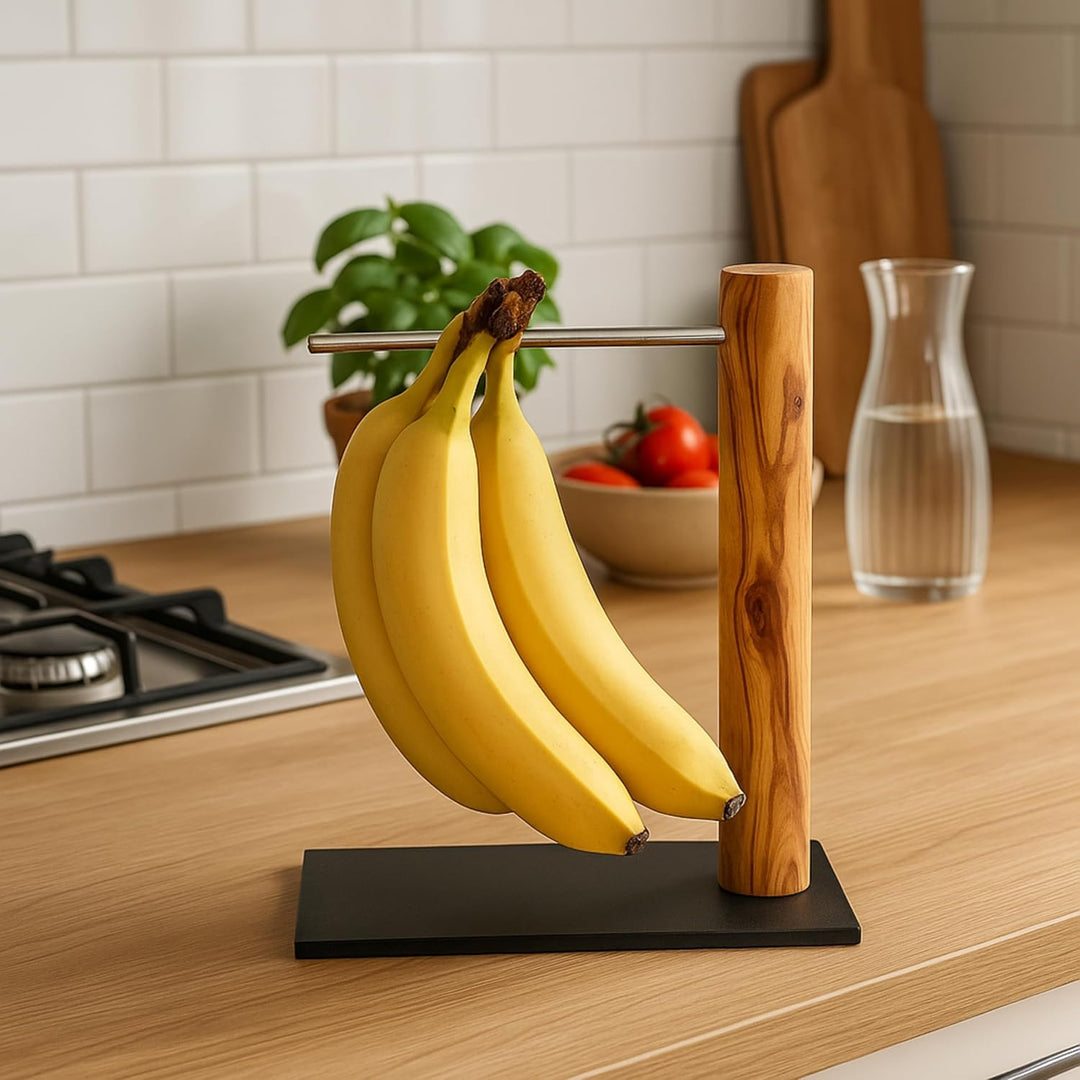 Figura Santa Handgefertigter Bananenhalter aus Olivenholz, Obstständer mit Stange, Italienische Hand
