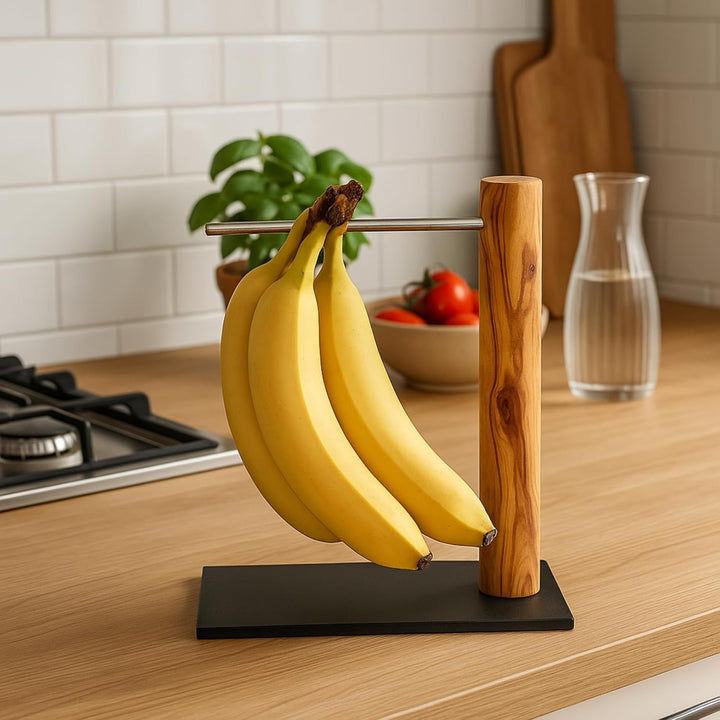 Figura Santa Handgefertigter Bananenhalter aus Olivenholz, Obstständer mit Stange, Italienische Hand