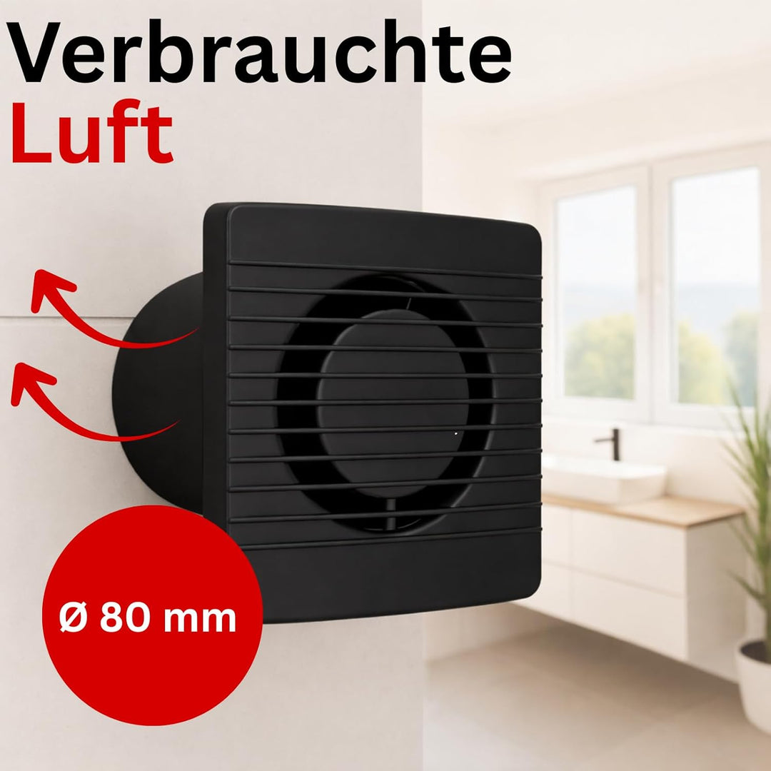 MKK Badlüfter 80mm Wandmontage Leise Lüfter Badventilator Wohnraumlüfter Schwarz (Standard), Standar