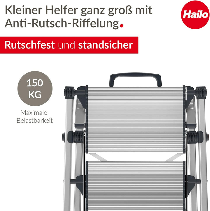 Hailo MK80 ComfortLine Alu-Klapptritt-Leiter - 2 grosse Stufen bis 150 kg - Komfort-Trittleiter mit