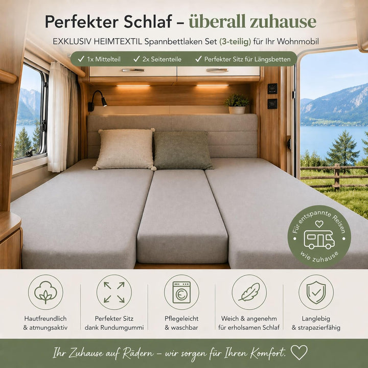 EXKLUSIV HEIMTEXTIL Jersey Spannbettlaken für Wohnmobile Heckbett 3-teilig 2 Längsbetten + 1 Mittelt