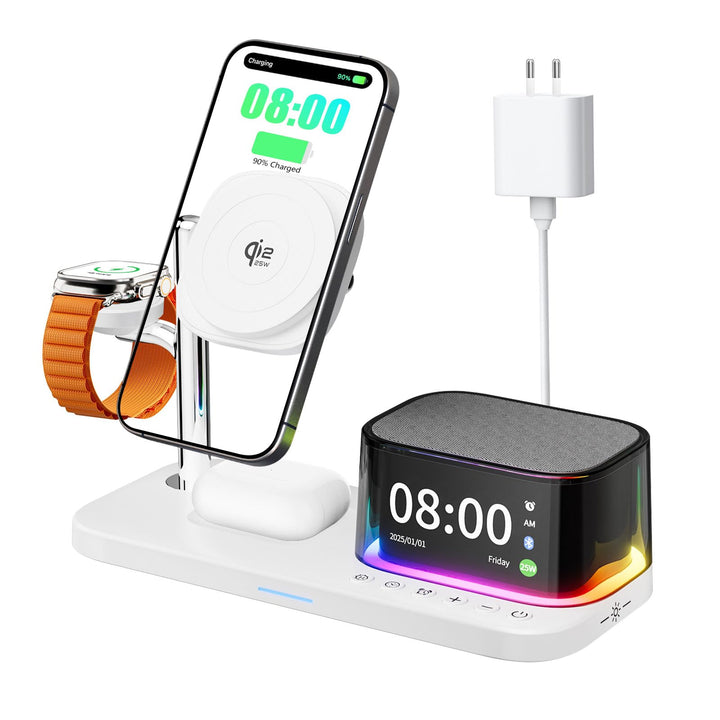 7-in-1 kabelloses Ladegerät, Bluetooth-Lautsprecher mit Wecker, Qi 2.2 25W Handy-Schnellladung, Stim