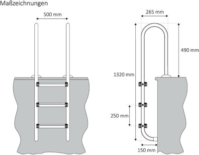 Zelsius V2A Edelstahl Poolleiter mit 3 Stufen | 50 x 26,5 x 132 cm - Silber | mit Rutschsicherung |