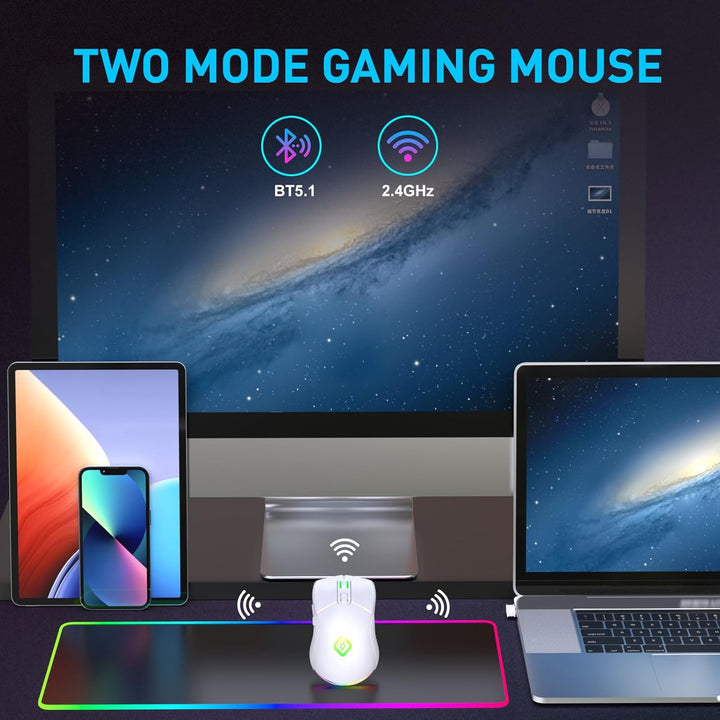 Kabellose Gaming Maus, Dual Mode 2.4GHz/Bluetooth 5.1 Maus Gaming, RGB LED Hintergrundbeleuchtung, E