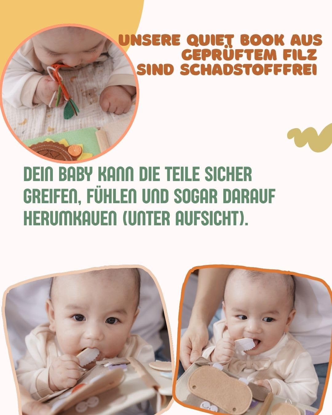 Mini Quiet Book Löwe – Handgefertigtes Filz-Sensorikbuch mit Fühlelementen – Bildschirmfreies Spielz