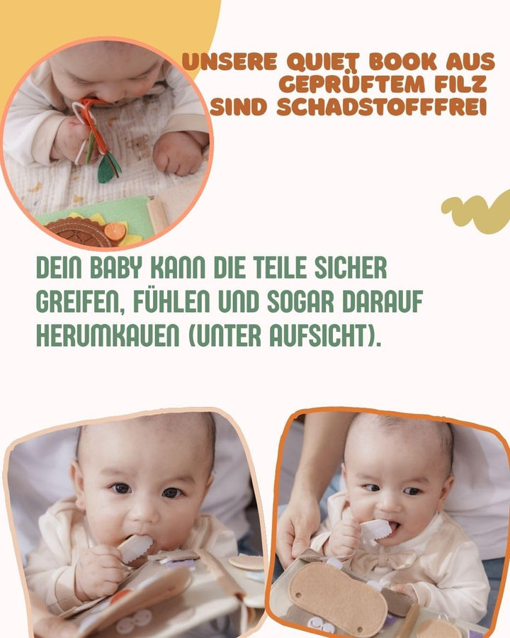 Mini Quiet Book Löwe – Handgefertigtes Filz-Sensorikbuch mit Fühlelementen – Bildschirmfreies Spielz
