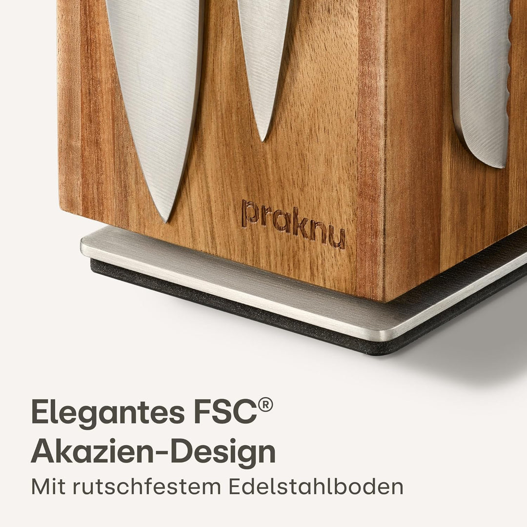 Praknu Messerblock Magnetisch 360° drehbar ohne Messer – FSC® Akazienholz mit Platz für Küchenutensi