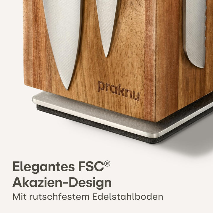 Praknu Messerblock Magnetisch 360° drehbar ohne Messer – FSC® Akazienholz mit Platz für Küchenutensi