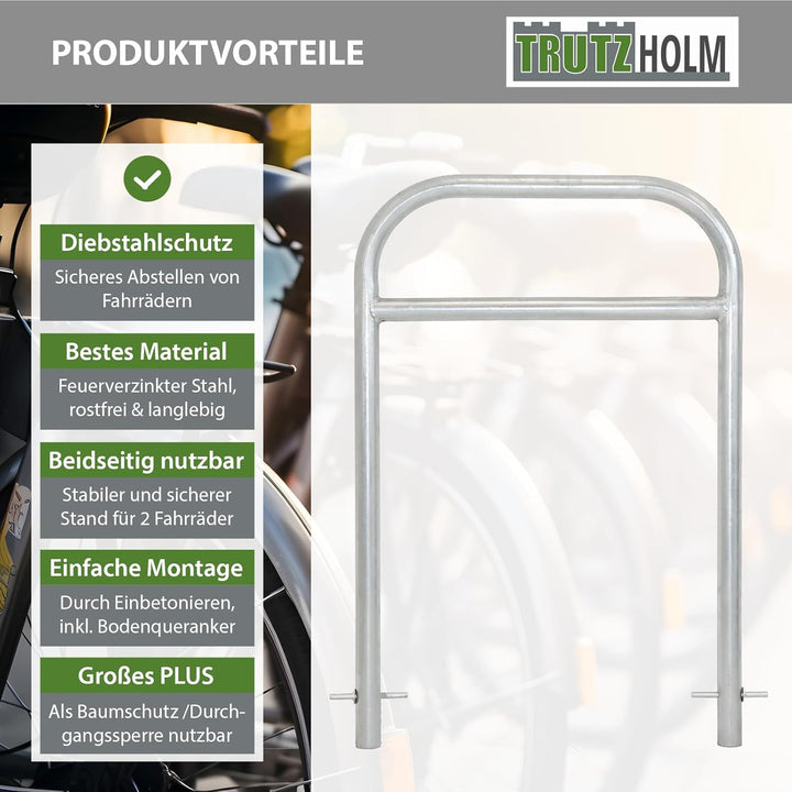 TRUTZHOLM 2x Fahrradanlehnbügel mit Mittelrohr 115 x 78 cm Stahl feuerverzinkt Ø 49 mm zum Einbetoni